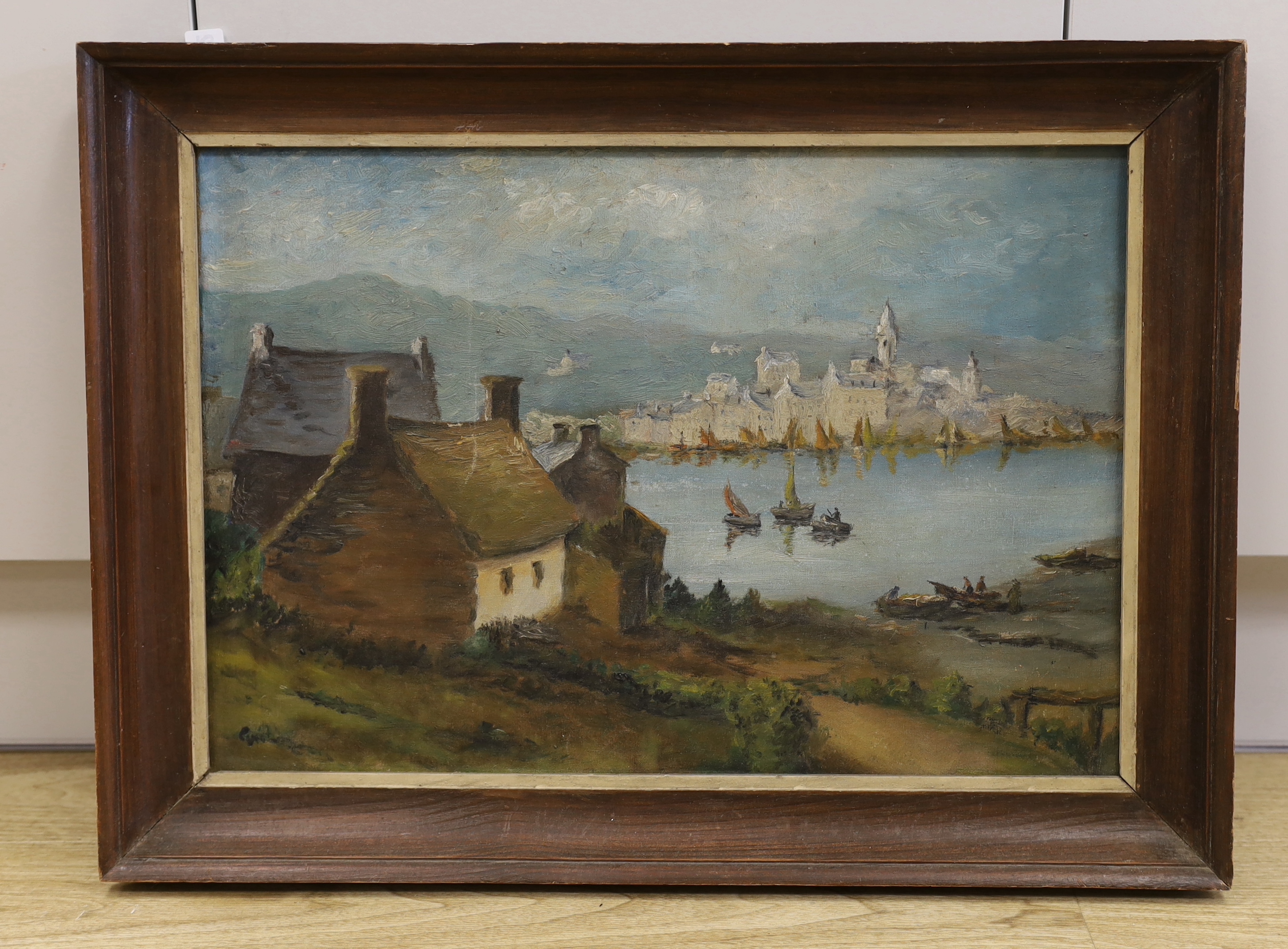 French School, oil on canvas, View of Mont St. Michel from the coast, indistinctly signed, 36 x 53cm